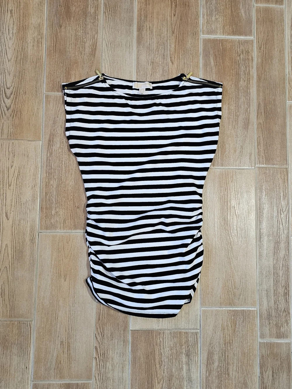 Michael Kors Black and White Striped Top with Gold Zipper, Small